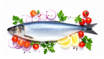 Fresh Herring Fish with Lemon Slices Red Tomatoes and Onions for Cooking Recipe