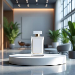 Modern Minimalist Perfume Bottle Mockup: Elegant Glass Fragrance on White Display Platform in Luxurious Contemporary Interior with Natural Light and Greenery.
