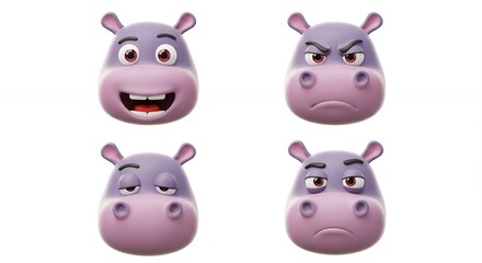 Hippopotamus faces with different emotions