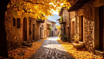 Fototapeta premium Autumn village street with golden leaves