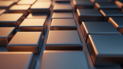 Obraz premium Abstract metallic square blocks in a grid pattern, close-up view, with subtle warm light highlighting the texture.