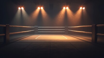 Empty Boxing Ring Under Spotlight.