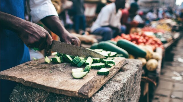 Close-up of hands chopping fresh vegetables on a wooden cutting board.