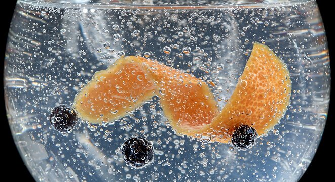 Close-up of a gin and tonic with citrus peel and berries.
