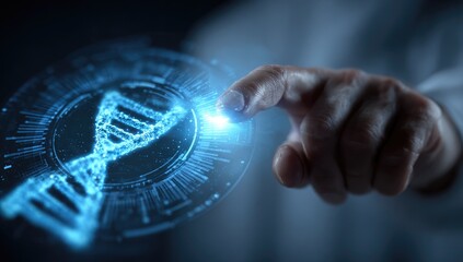 Hand interacting with DNA graphic