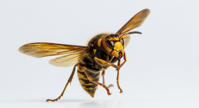 The Japanese hornet is seen delicately grooming its wings in a peaceful moment, captured with sharp clarity on a plain white backdrop.
