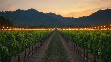 Naklejka premium Serene Vineyard Landscape at Dusk with Twinkling Lights and Majestic Mountains Underneath a Colorful Sky During Sunset in Napa Valley, California, USA