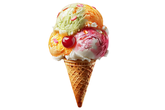 Vibrant tutti frutti ice cream scoop with swirls of pastel fruit-flavored candy pieces isolated on transparent PNG background for seamless cutout use in dessert packaging, menu design