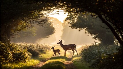 Deer and Fawn on a Path Through a Forest at Sunrise