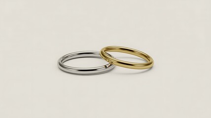 Two elegant wedding bands one gold and one silver on a neutral background