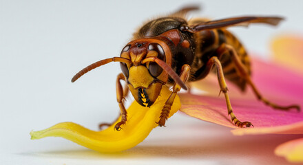 This dynamic image captures the Japanese hornet mid-air with partially blurred wings to convey motion, yet its body remains in razor-sharp focus.