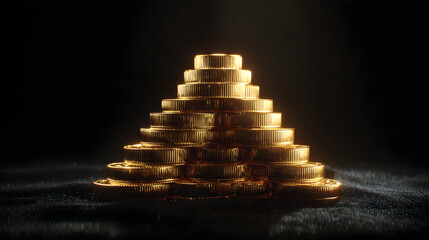 Obraz premium Golden coins stacked in a pyramid on dark fabric background symbolizing wealth