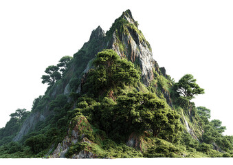 Summer mountain landscape with green trees, high peaks isolated on a transparent background