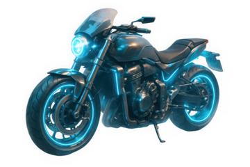 Futuristic motorcycle with glowing blue accents, showcasing sleek design and power.