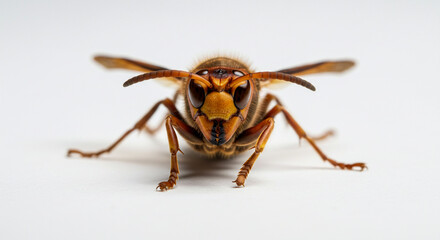 This dynamic image captures the Japanese hornet mid-air with partially blurred wings to convey motion, yet its body remains in razor-sharp focus.