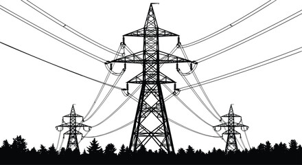 High voltage transmission power lines with electricity towers in forest landscape, black and white silhouette vector illustration for energy infrastructure