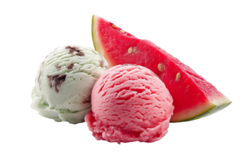 Colorful watermelon ice cream scoop with realistic rind texture and creamy pink swirl isolated on transparent PNG background for seamless cutout use in dessert packaging and menu design