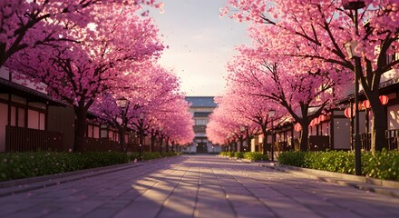 Serene Cherry Blossom Lane A Digital Painting of Tranquil Japanese Architecture