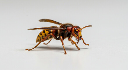 A simple yet striking image of a Japanese hornet stretching out its legs, a common motion in its natural behavior, perfectly framed on a white background.