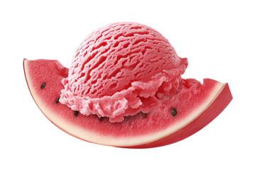 Colorful watermelon ice cream scoop with realistic rind texture and creamy pink swirl isolated on transparent PNG background for seamless cutout use in dessert packaging and menu design