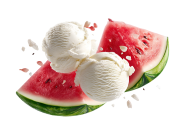 Colorful watermelon ice cream scoop with realistic rind texture and creamy pink swirl isolated on transparent PNG background for seamless cutout use in dessert packaging and menu design