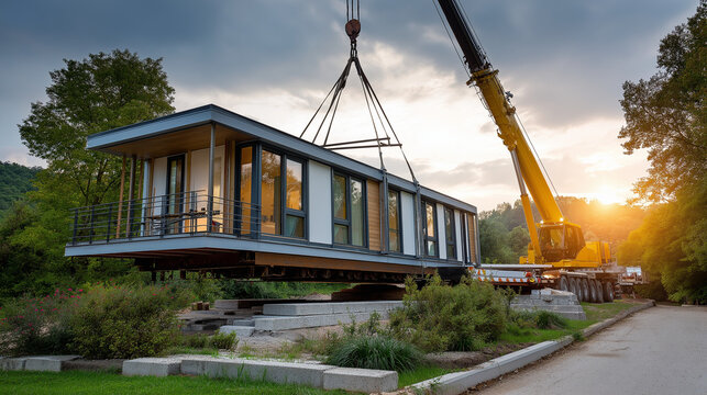 A modular home being lifted by a crane in gentle sunlight