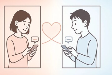 スマートフォンでやり取りをするカップルのイラスト。遠距離恋愛やオンライン恋愛、恋人同士のつながりや絆を描いたハートフルなベクターイラストレーション