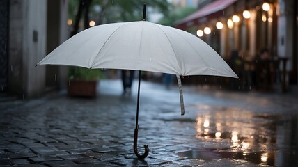 White umbrella on a wet cobblestone street at night with bokeh lights