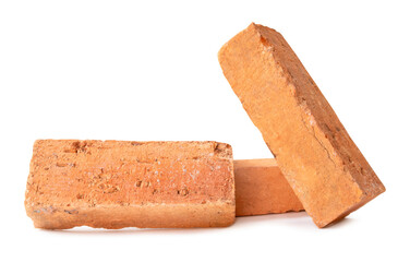 Side view of three cracked old red or orange bricks in stack isolated on white background with clipping path