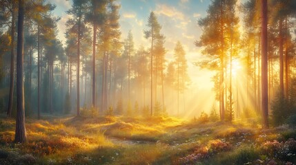 Obraz premium Golden sunlight streams through a misty forest.