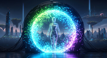 Obraz premium Digital Human Form in Vibrant Energy Portal in Futuristic Cityscape