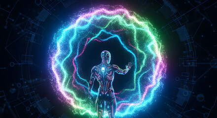 Advanced AI Robot with Colorful Energy Portal in Futuristic Digital Space