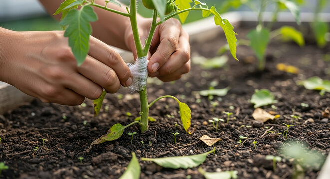 Gardener's hands carefully grafting a young tomato plant in a garden