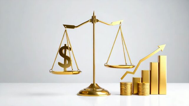 Golden scale with dollar sign and business graph rising arrow concept showing finance balance and growth symbolizing economic success and financial