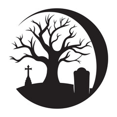 Spooky silhouette of a bare tree and gravestones under a crescent moon