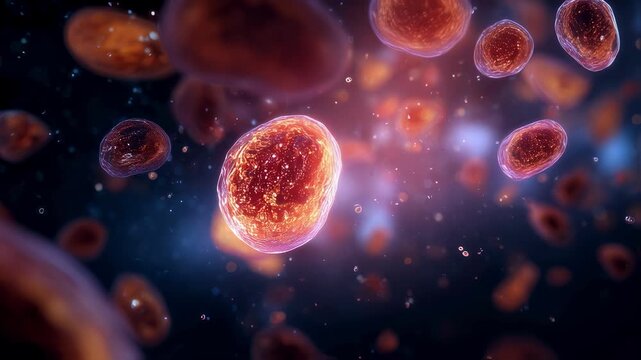 Conceptual medical footage of insulin droplets dissolving within damaged beta cells symbolizing impaired glucose regulation in endocrine pancreas.