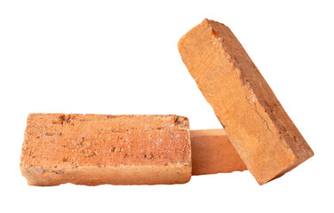 Side view of three cracked old red or orange bricks in stack isolated with clipping path in png file format