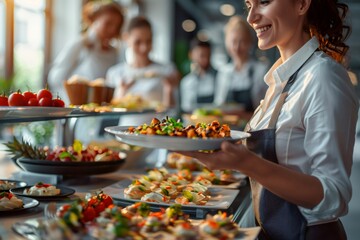 Waitress serving food at a hotel breakfast buffet, smiling