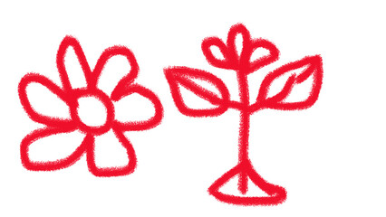 Red crayon drawing: whimsical flower and plant, childlike, simple, bold graphic design element, vibrant, playful, textured.