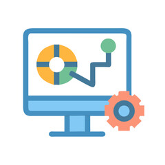 Monitor with data charts and gear icon illustration