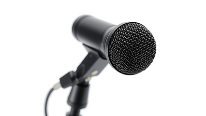 Professional dynamic microphone isolated on white background with a close-up view of XLR connector.