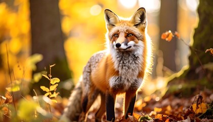 Naklejka premium Fox in autumn forest. Sunlight