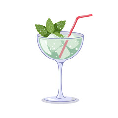 Refreshing cocktail with mint leaves and straw in clear glass  