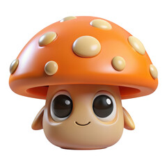 Adorable 3d render of cartoon mushroom character with big eyes and orange cap on background creates delightful fantasy image