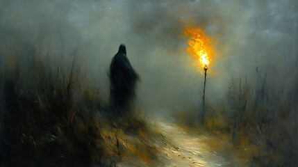 Fototapeta premium Gloom-laden figure by a torch in a misty landscape.