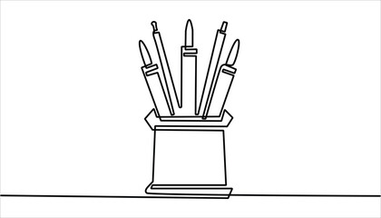 Continuous one line drawing of pencils and brushes in a glass. Brush and pencils in single line draw illustration. Editable stroke, Stationery container with pencil, pens, rulers outline drawing.




