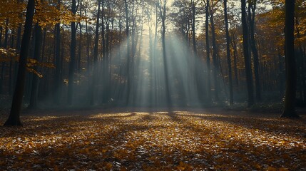 Obraz premium Sunlight streams through a misty autumn forest.