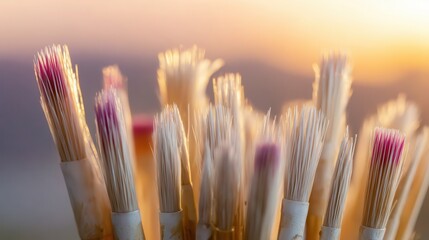 Close-up of paintbrushes with sunset background.