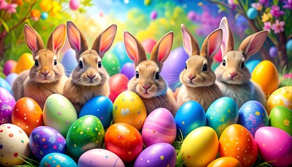 Cute bunnies and colorful eggs in a spring setting