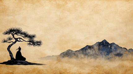 Serene Asian Landscape with Silhouette of Meditating Figure Under Pine Tree and Majestic Mountain in the Distance on Vintage Textured Background